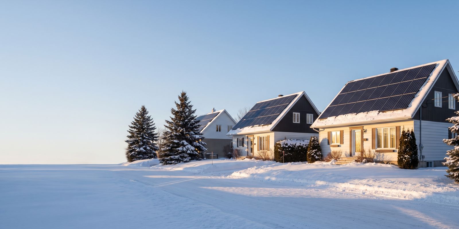 Trois maisons enneigées avec des panneaux solaires sur le toit, en fin de journée d'hiver